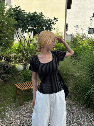 Striped square neck short-sleeve tee