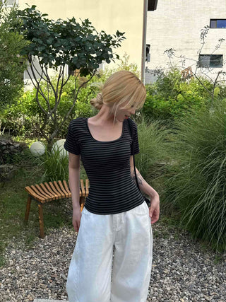 Striped square neck short-sleeve tee