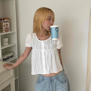 Punched Raise Button Short Sleeve Blouse