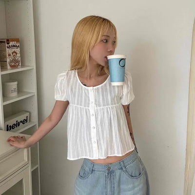 Punched Raise Button Short Sleeve Blouse