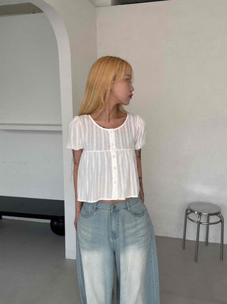 Punched Raise Button Short Sleeve Blouse