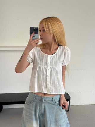 Punched Raise Button Short Sleeve Blouse