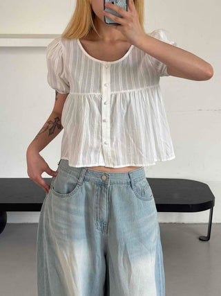 Punched Raise Button Short Sleeve Blouse