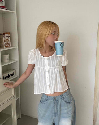 Punched Raise Button Short Sleeve Blouse