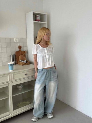 Punched Raise Button Short Sleeve Blouse