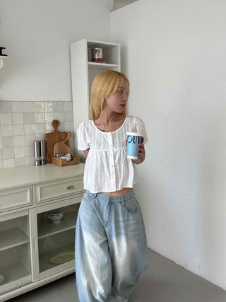 Punched Raise Button Short Sleeve Blouse