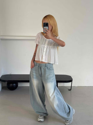 Punched Raise Button Short Sleeve Blouse