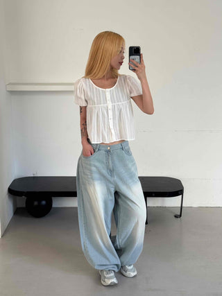 Punched Raise Button Short Sleeve Blouse