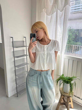 Punched Raise Button Short Sleeve Blouse