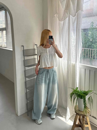 Punched Raise Button Short Sleeve Blouse