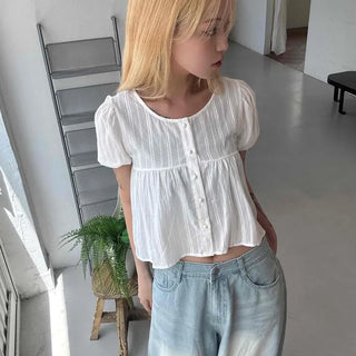 Punched Raise Button Short Sleeve Blouse