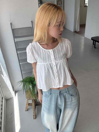 Punched Raise Button Short Sleeve Blouse