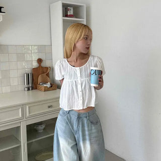 Punched Raise Button Short Sleeve Blouse