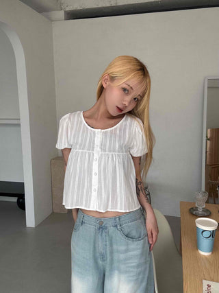 Punched Raise Button Short Sleeve Blouse