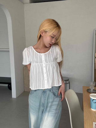 Punched Raise Button Short Sleeve Blouse