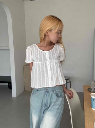 Punched Raise Button Short Sleeve Blouse