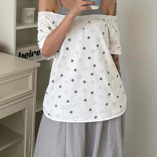 Star Dot Loose Fit Short Sleeve Off-Shoulder