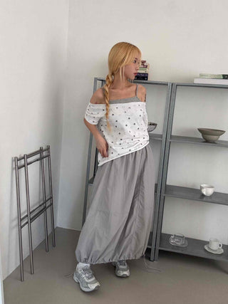 Star Dot Loose Fit Short Sleeve Off-Shoulder
