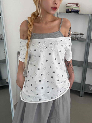 Star Dot Loose Fit Short Sleeve Off-Shoulder