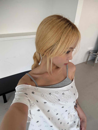 Star Dot Loose Fit Short Sleeve Off-Shoulder