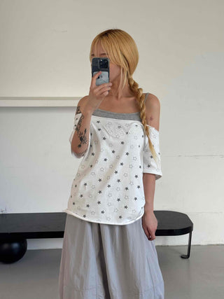 Star Dot Loose Fit Short Sleeve Off-Shoulder