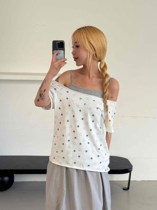 Star Dot Loose Fit Short Sleeve Off-Shoulder
