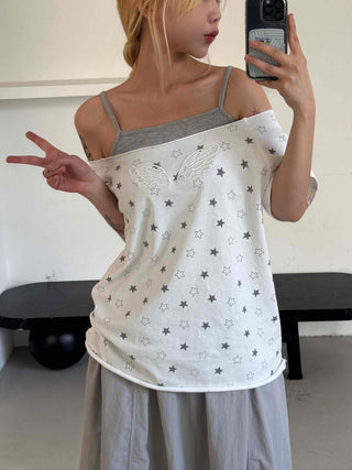 Star Dot Loose Fit Short Sleeve Off-Shoulder