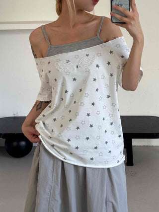Star Dot Loose Fit Short Sleeve Off-Shoulder
