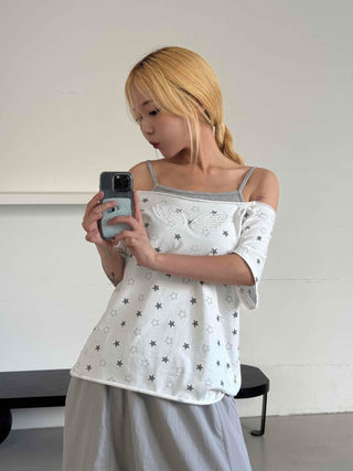 Star Dot Loose Fit Short Sleeve Off-Shoulder