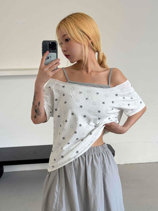 Star Dot Loose Fit Short Sleeve Off-Shoulder
