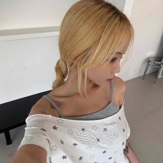 Star Dot Loose Fit Short Sleeve Off-Shoulder