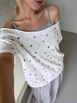 Star Dot Loose Fit Short Sleeve Off-Shoulder
