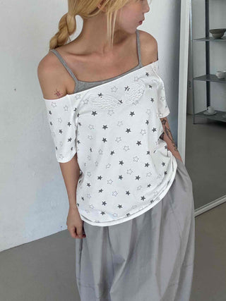 Star Dot Loose Fit Short Sleeve Off-Shoulder