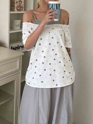 Star Dot Loose Fit Short Sleeve Off-Shoulder