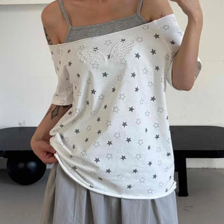 Star Dot Loose Fit Short Sleeve Off-Shoulder