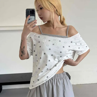 Star Dot Loose Fit Short Sleeve Off-Shoulder