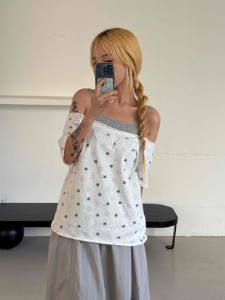 Star Dot Loose Fit Short Sleeve Off-Shoulder