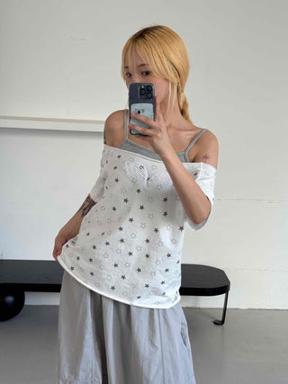 Star Dot Loose Fit Short Sleeve Off-Shoulder