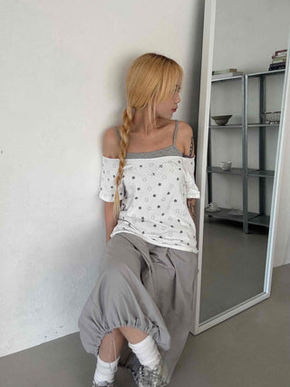 Star Dot Loose Fit Short Sleeve Off-Shoulder
