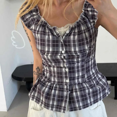 Check Shirred Cap Sleeve Sleeveless Blouse
