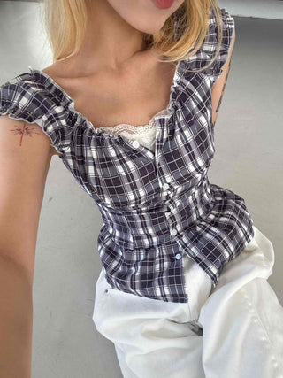 Check Shirred Cap Sleeve Sleeveless Blouse