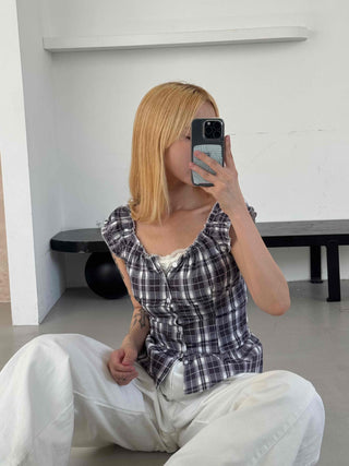 Check Shirred Cap Sleeve Sleeveless Blouse