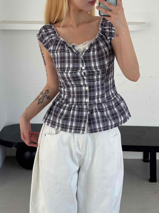 Check Shirred Cap Sleeve Sleeveless Blouse