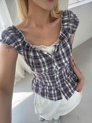 Check Shirred Cap Sleeve Sleeveless Blouse