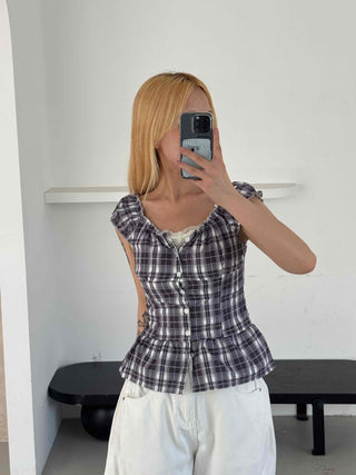 Check Shirred Cap Sleeve Sleeveless Blouse