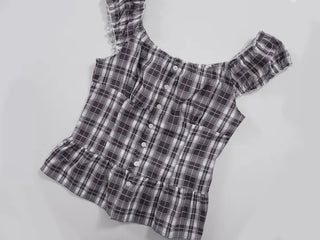 Check Shirred Cap Sleeve Sleeveless Blouse