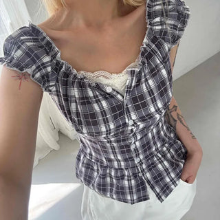 Check Shirred Cap Sleeve Sleeveless Blouse