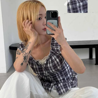 Check Shirred Cap Sleeve Sleeveless Blouse