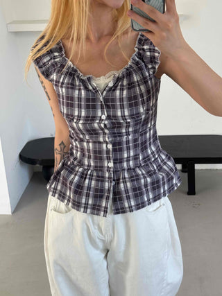 Check Shirred Cap Sleeve Sleeveless Blouse
