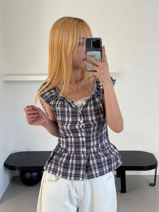 Check Shirred Cap Sleeve Sleeveless Blouse